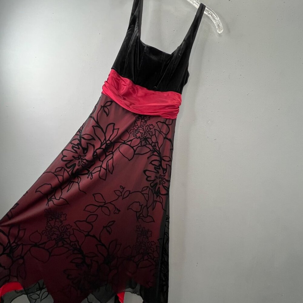 Vintage Y2K Mesh Satin Velour Midi Dress L Black Red Asymmetrical Whimsigoth